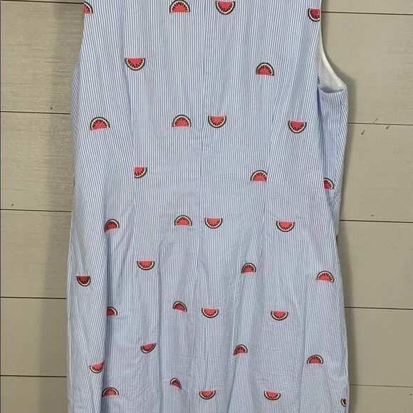 Talbots NWT seersucker Blue striped Watermelon embroidered dress size 14 $119 - Picture 9 of 12